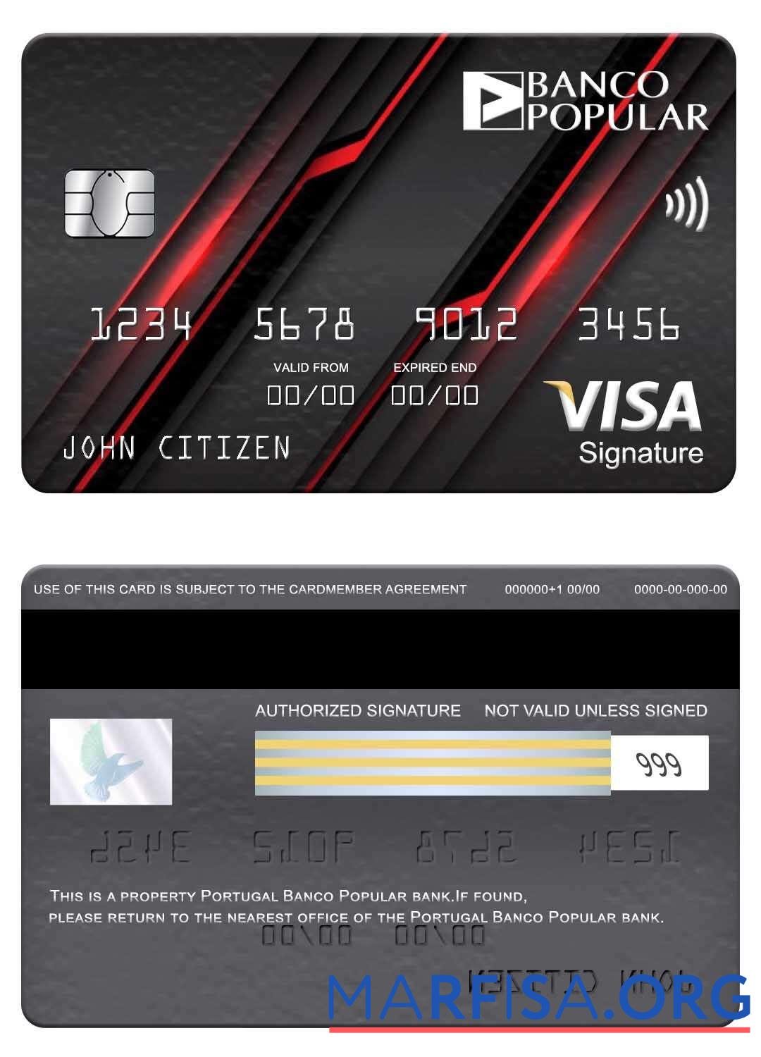 Printable Portugal Banco Popular bank visa signature card real example